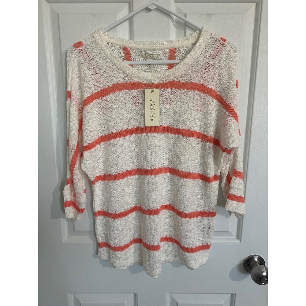 Sonoma‎ Striped Cream & Peach Pullover Casual Sweater Top Dolman Open Knit S NWT